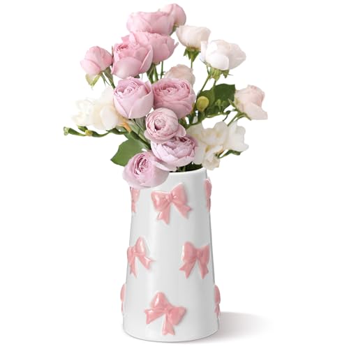 Chunful Embossed Pink Bow Ceramic Vase for Home Decor 7.1 Inch Cute Coquette Gifts for Women Girls Mother's Day Modern Decorative Bouquet Flower White Vases for Living Room Table - style: Pink Bow
