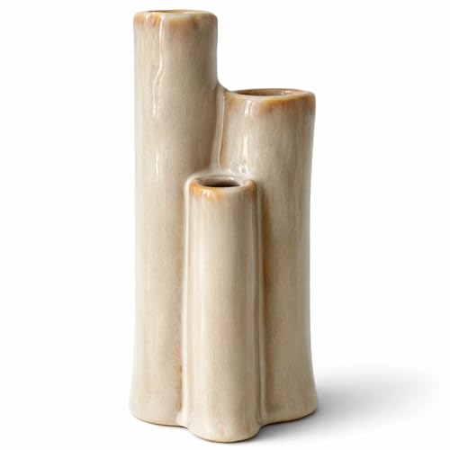 Ceramic Bud Vase, Sculptural Triple Tube Vase in Cream White for Modern Farmhouse & Minimalist Shelf Decor