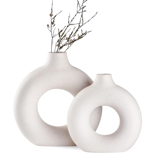 White Ceramic Donut Vase Set of 2, Big Hollow Round Matte Pampas Flower Vases for Boho Home Wedding Party Room Dinner Table Shelf Decor. - color: White, size: Donut Large Set of 2