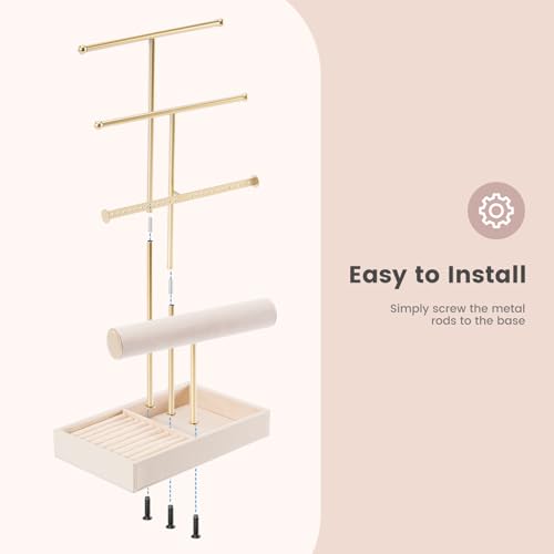 Lolalet Jewelry Holder Tree with Velvet Tray, 4 Tiers Necklace Display Stand Rack with Ring Slots Organizer for Earrings Bracelets Bangles Ring, Valentine's Day Gift -Beige - color: Beige