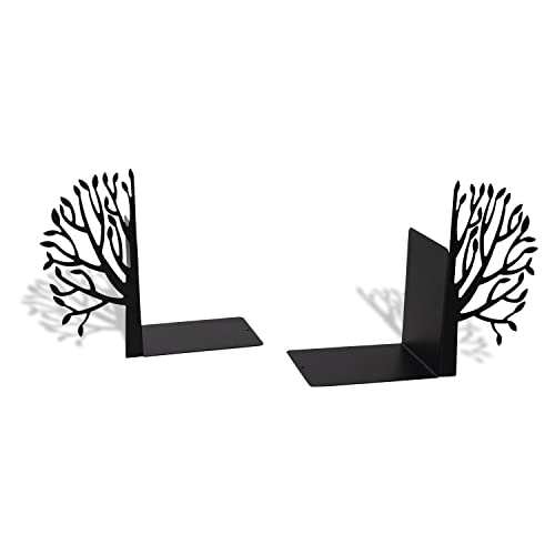 Tree Bookends with Nature-Inspired Silhouette - Steel with Matte Black Epoxy Coating - Decorative Pair of Book Holders for Shelves, Desk, and Office - All Black – Geguton - color: Trees Theme - Black