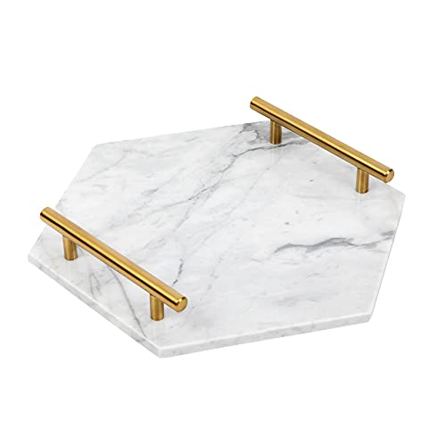 White Marble Tray with Gold Handles - Solid Marble Perfume Tray for Vanity - Chic Modern Hexagon, Room Decor Elegant Bathroom Tray (Hexagon, White) - size: Hexagon 12" x 12" x 3"