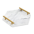 White Marble Tray with Gold Handles - Solid Marble Perfume Tray for Vanity - Chic Modern Hexagon, Room Decor Elegant Bathroom Tray (Hexagon, White) - size: Hexagon 12" x 12" x 3"