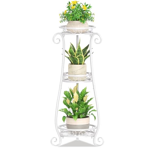 KMOTASUO 3 Tier Metal Plant Stand for Multiple Large Planters Indoor Outdoor Organizer, Heavy Duty Tall Flower Rack for Corner Patio Bathroom Office Corner, Modern Sturdy Vertical Iron Rack, White - color: White, size: 3 Tier