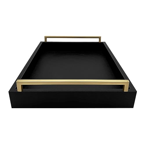 Decorative Coffee Table Tray - Shagreen Faux Leather - Ottoman Tray - Breakfast, Drinks, Liquor Serving Tray - Farmhouse to Modern - Brushed Champagne Gold Handles (Pitch Black) - color: Pitch Black