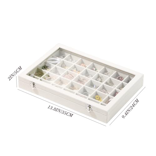 Coward Ring Earring Jewelry Organizer Box, 35 Grids Dustproof Display Holder Case, Beige Velvet Jewelry Bead Display Tray Case with Transparent Glass Lid for Momen Girls - color: Beige Velvet, size: 35Grids Box