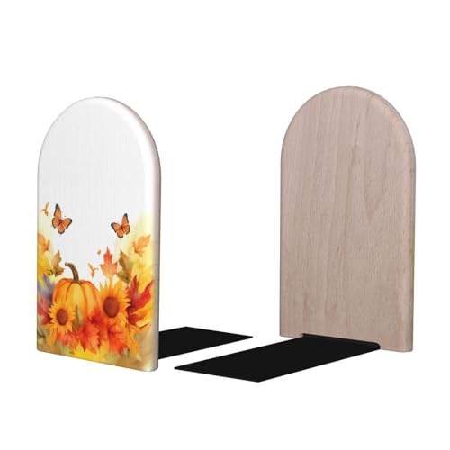 Fall Pumpkins Maple Leaf L-Shaped Book Ends 1 Pair Wood Bookends Autumn Thanksgiving Book End Supports for Heavy Book Shelf Holder Home Decorative - color: Fall Pumpkins Maple Leaf