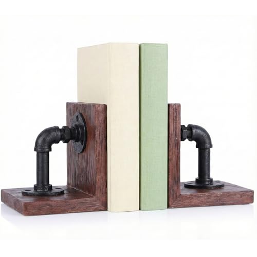 Industrial Decor Book Ends - Steampunk Decor Book Ends for Shelves, Resin Book Ends for Heavy Books, Mens Office Decor Bookends for Shelves, Unique Vintage Pipe Decorative Bookends - color: Dark Brown