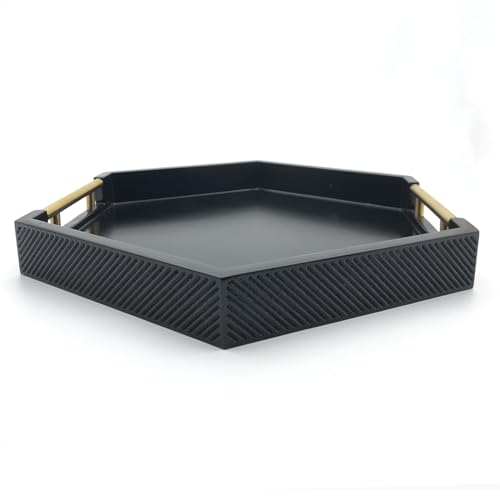 Serving Tray with Polished Metal Handles, Hexagon Coffee Table Tray, Modern Rectangle Decorative Tray, Large Ottoman Tray, Perfect for Storage and Display (Black Hexagon) - color: Black Hexagon