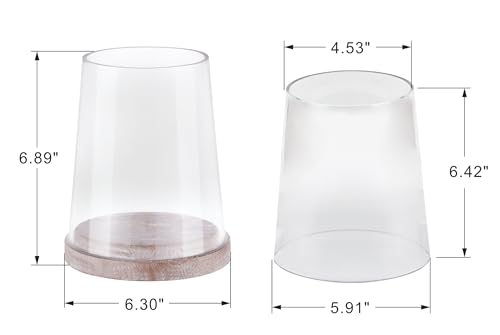 6" Wide Glass Hurricane Candle Holders with Handmade Sturdy Glass Sleeves and Distressed Brown Wood Base for Pillar Candle & Plants, Industrial, Farmhouse, Display Cloche Bell Jars, Table Centerpiece - color: Rustic Brown, size: 6"x7.5"