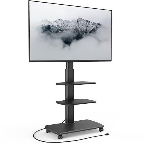 FITUEYES Rolling TV Stand with Power Outlets, Swivel Portable TV Stand for 32-70 Inch LCD LED OLED Flat/Curved Panel Screen TVs, Height Adjustable&Wood Base, Mobile TV Cart with 2 Shelves, Black - color: Black, style: With Wheels & Power Strip