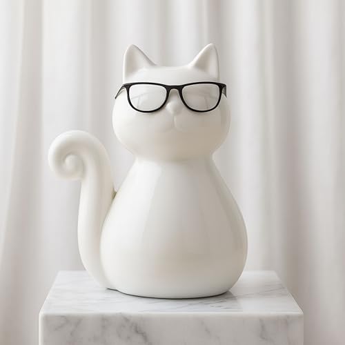 Ceramic Cat Figurine Sculpture – White Porcelain Stoneware Statue with Modern Glam Minimalist Design – Home Decor Accent for Bookshelf, Coffee Table, Bedroom, Office & Living Room – 8", White - size: 8.0" H
