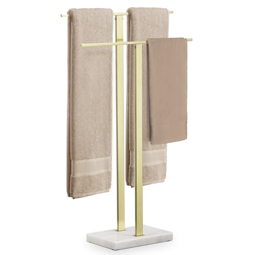 KES Standing Towel Rack with Marble Base, 2-Tier Towel Stand for Bathroom Floor, Upgrade Steady Design, T-Shaped Towel Drying Rack Gold, SUS304 Stainless Steel, Brushed Gold Finish, BTH217-BZ - color: Gold, size: 33” H (2-tier)