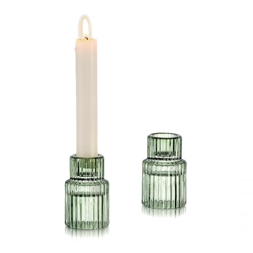 Glasseam Taper Glass Candlestick Holder: Green Candle Stick Holders Set of 2 Small Candle Holders for Candlesticks Vintage Crystal Tapered Candle Holder for Wedding Table Centerpiece Christmas Advent - color: Green