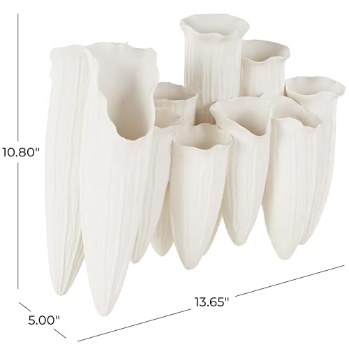 Deco 79 Ceramic Abstract Floral Inspired Vase with Linear Grooves and 10 Openings, 14" x 5" x 11", White - color: White, size: 14" x 5" x 11"