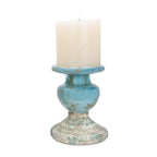 Creative Co-Op Large Distressed Blue Terracotta Pillar Candle Holder - color: Blue, size: 5.5" W x 6.5" H