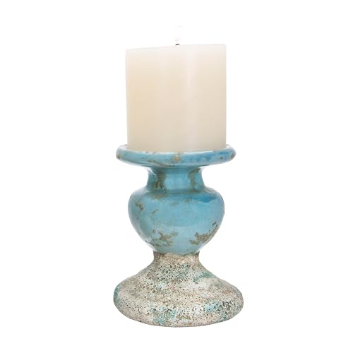 Creative Co-Op Large Distressed Blue Terracotta Pillar Candle Holder - color: Blue, size: 5.5" W x 6.5" H