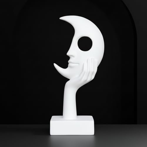 White Thinker Statue, Abstract Moon face Sculpture, Modern Home Decor Ornament, Suitable for Home, Desk, Study, Mantelpiece, TV Cabinet, Resin Statue - color: White, size: Large
