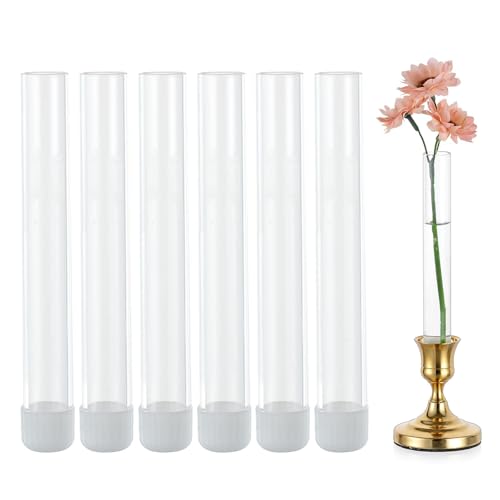 Glasseam Glass Bud Vase for Flowers: 6pcs Clear Small Vases for 22mm Candlestick Taper Candle Holders - 5.9" Skinny Table Centerpieces with Silicon Case for Tablescapes, Wedding Gift and Home Decor