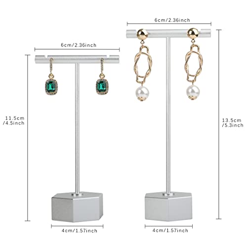 GemeShou Metal 2pcs Earring T Stand Silver Retail Display Holder for Show, White T Bar Jewelry for Online Store Photography 【Silver-Hexagon Base 2pcs Height 4.5" and 5.3"】 - color: C1/Silver Hexagon Base 2pcs Height 4.5" and 5.3"