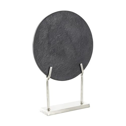 Deco 79 Marble Abstract Decorative Sculpture Textured Disk Home Decor Statue with Silver Stand, Accent Figurine 14" x 3" x 20", Black