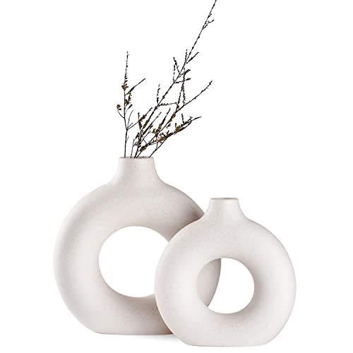 White Ceramic Donut Vase Set of 2, Hollow Matte Pampas Flower Vases for Boho Home Wedding Party Room Dinner Table Shelf Decor.（White） - color: White, size: Donut Set of 2