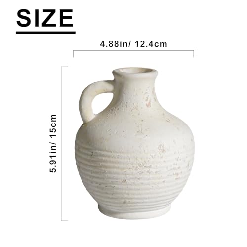 Sunddo White Ceramic Vase with Handles, Rustic Farmhouse Terracotta Small Vase, Pottery Decorative Flower for Home Decor, Table, Living Room, Bathroom, Shelf, Mantel Decor - color: White - 6, size: 6 Inch