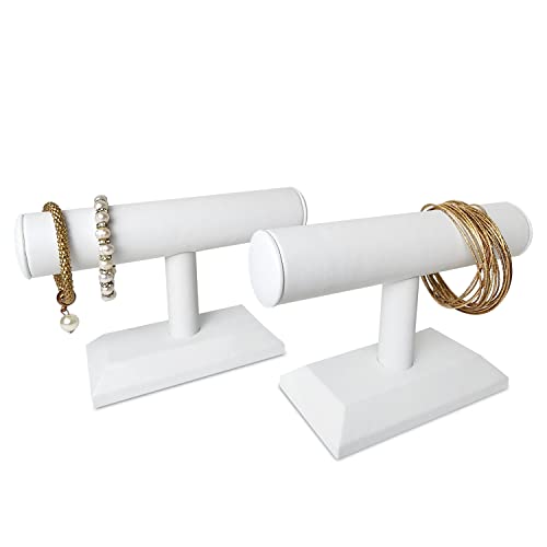 MOOCA 2 Pcs T-Bar Deluxe Wooden Bracelet Holder Display, Watch Hoder, Bracelet Display Stand, Jewelry Stand Organizer, White Leatherette - color: White Faux Leather, 2 pieces