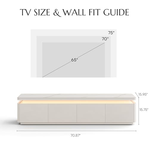 POVISON Fully Assembled 71" Mid-Century Modern TV Stand with LED Lights, Glossy Sintered Stone Top Media Console for 65 Inch TV, Drop-Down Doors & Drawers, Open Storage for Living Room - color: White, size: 71"