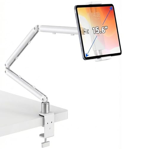 iPad Holder for Desk, Adjustable Tablet Arm iPad Desk Mount with C-Clamp, 30" Foldable Long Arm & 360° Rotation, Fits 4.7"–15.6" iPad Pro/Air/Mini, Phones & 15.6" Portable Monitors for Desk Use, White - color: White
