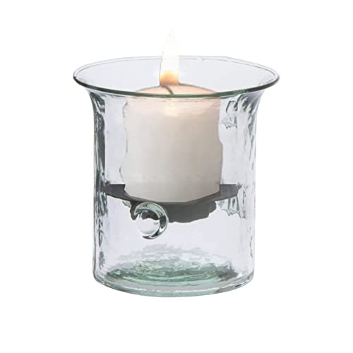 first of a kind Glass Hurricane Pillar Candle Holder with Rustic Metal Insert Perfect as a Centerpiece 4'' Tall Clear - size: 4" Tall Clear