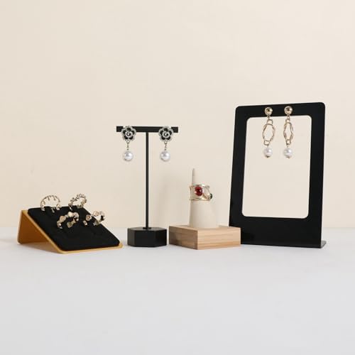 GemeShou Beige wood ring storage organizer, Velvet Jewelry ring display holder, Cute ring display stand for selling, wedding ring holder at nightstand【Beige with single cone】 - size: Small