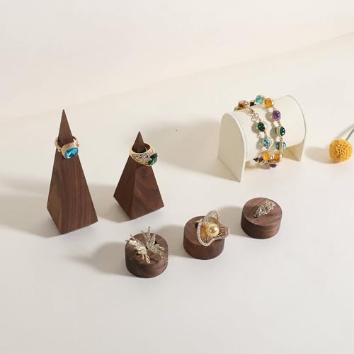GemeShou 6pcs Wood Jewelry Ring Storage organizers, Retail ring display slot stand, Small walnut Jewelry ring holder tray for Girl Woman Room Decoration【Walnut-Round 6pcs】 - style: Circle