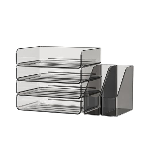 FANXIYQ 4-Tier Horizontal Acrylic Paper Tray Organizer with Booends | Clear Stackable Desk Organizer for Documents, Letters, A4 Paper | Modern Office/Classroom/Home Organization,Brown - color: Brown, size: Horizontal