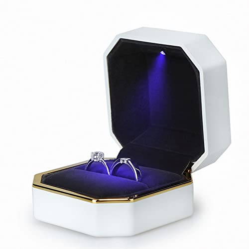 Luxury Ring Box, Square Velvet Wedding Ring Case Jewelry Gift Box with LED Light for Proposal Engagement Wedding, White - color: White, size: Ring Box