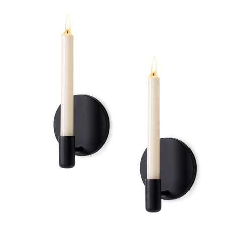 Matte Black Wall Sconce Candle Holders Set of 2 for Taper Candles, Minimalist Metal Wall Mounted Candlestick - 0.82 Inch Cup Diameter