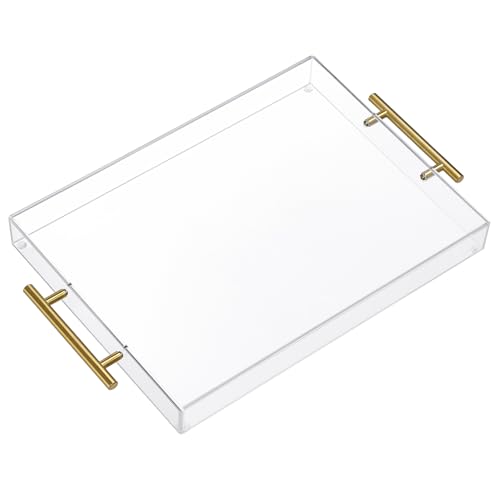 12"x16" Clear Acrylic Serving Tray with Golden Handles, Sturdy Huge Capacity Acrylic Tray for Coffee, Juice, Kitchen and Desk Organizer, Storage Tray (12"x16") - size: 16" x 12" x 2"