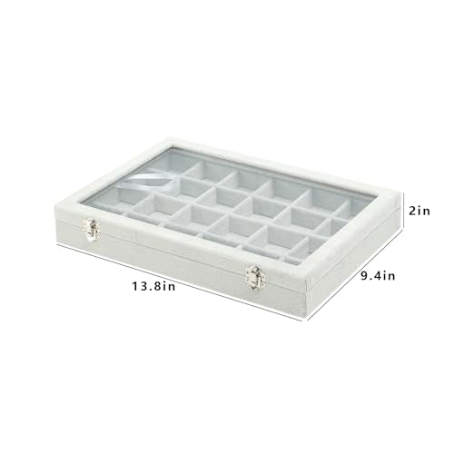 Coward Jewelry Organizer Tray Box, 24 Grids Ring Earring Chain Bracelet Necklace Jewelry Bead Display Holder Tray Case with Transparent Glass Lid for Home Drawer or Shop Selling - color: Grey Beige Velvet, size: 24Grids Box