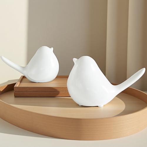 Ceramic Birds Figurines Home Decor, Set of 2 White Birds Statue, Chubby Small Bird Figurines, Modern Style Bird Decor for Home Living Room Desk Bookshelf Coffee Table Office Desktop (White) - color: White