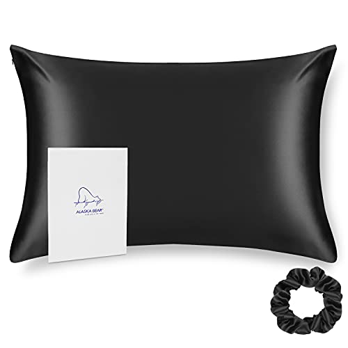 ALASKA BEAR Silk Pillowcase for Hair and Skin Beauty Sleep 100 Real Mulberry Silk Anti-Aging Pillow Slip Case Cover Standard Size with Zipper (1pc, Black) - color: A-black, size: Standard 20''x26''