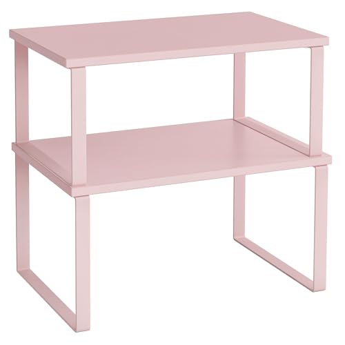 SONGMICS Cabinet Organizer Shelf, Set of 2 Kitchen Counter Shelves, Kitchen Storage, Spice Rack, Stackable, Expandable, Metal and Engineered Wood, Jelly Pink UKCS020S01 - color: Jelly Pink, size: 11.7"W