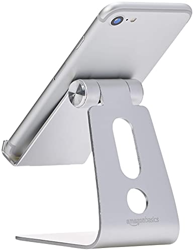 Amazon Basics Adjustable Aluminum Phone Stand for Cell Phones, iPhone and Android, Desktop Phone Holder with Adjustable Angle, Hands-Free Viewing, 3.15 x 2.87 x 3.74 inch, Silver