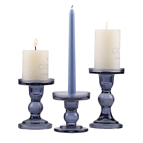 GMWD 3 Pcs Glass Candle Holder Set Clear, Blue Candlesticks Holders Pillar Taper Candles Tealight Stand for Wedding Centerpieces Home Decorations Dining Table - color: Blue