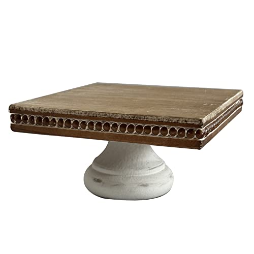 dwellington White Wash Display Wood Riser, 8.25 inch Shabby Chic Pedestal Tray Decor with Beads, Farmhouse Display Stands for Coffee Bar, Bathroom, Kitchen Island (Square)