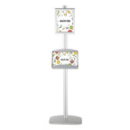 M&T Displays Free Standing Aluminum Display Stand Single Sided Document Brochure Sign Holder Front Loading Portrait Landscape Silver Snap Frame 1x(8.5x11) - Metal Tray Shelf 2X(5.5x8.5) Inch Capacity