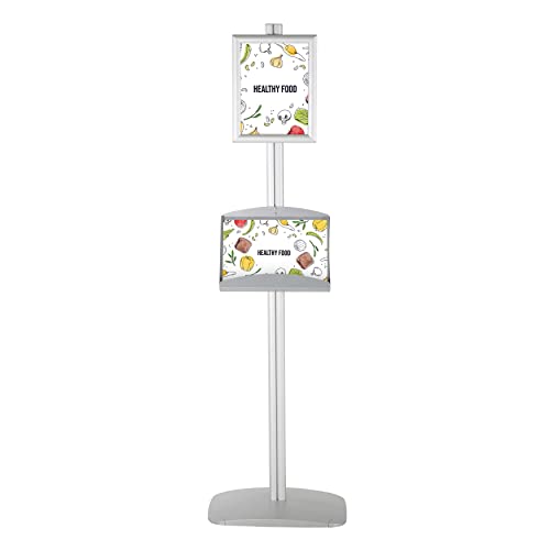 M&T Displays Free Standing Aluminum Display Stand Single Sided Document Brochure Sign Holder Front Loading Portrait Landscape Silver Snap Frame 1x(8.5x11) - Metal Tray Shelf 2X(5.5x8.5) Inch Capacity
