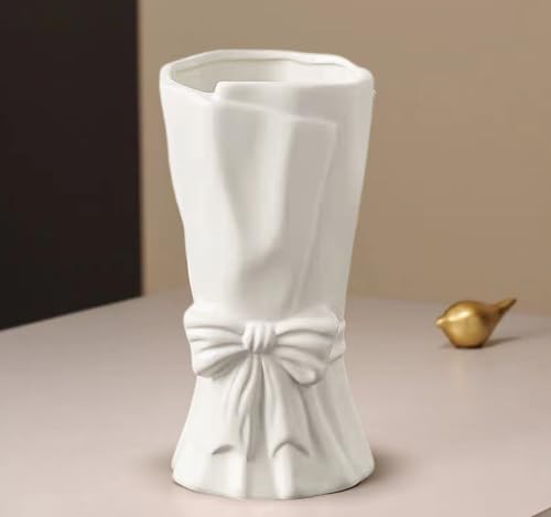 White Flower Vase for Home Decor, White Ceramic Vases for Boho Style, Bow Decor, 9.3 Inch Flower Vases for Bouquet, Large Vase for Ideal Shelf Decor/Table. (Large) - color: Pure White