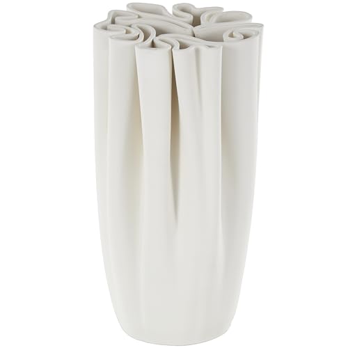 Deco 79 Ceramic Abstract Decorative Vase Ribbed Dimensional Folded Centerpiece Vase with Compact Wavy Rim, Flower Vase for Home Decoration 6" x 6" x 11", White - color: White, size: 6" x 6" x 11"