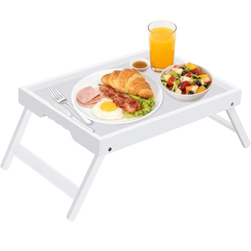 Artmeer Bed Tray Table with Folding Legs,Bamboo Breakfast in Bed for TV Table, Laptop Computer Tray,Eating,Snack Tray (White) Large Size - color: White, size: Large