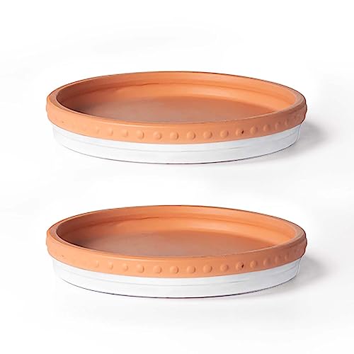 YBX 8-inch Plant Saucer Premium Terracotta Saucer Round Ceramic Plant Trays, Pack of 2 (White/Terracotta) - color: White/Terracotta